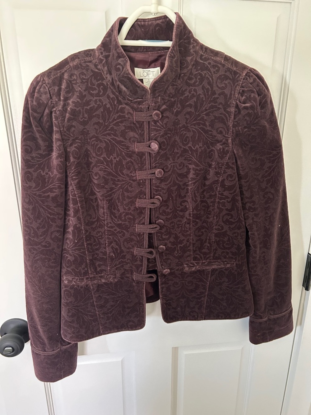 LOFT Plum Velvet Mandarin Collar Jacket with Floral Devore